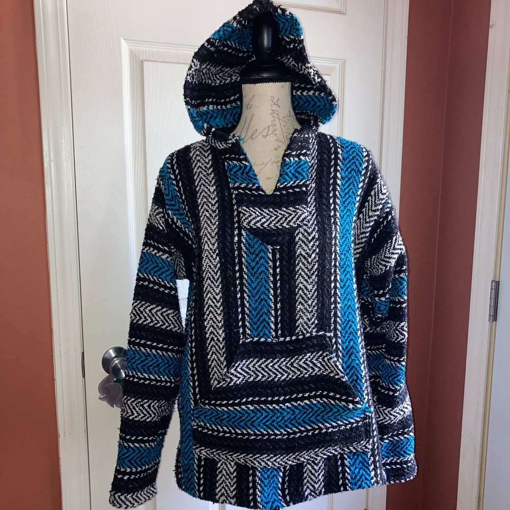 Baja Joe Stripe Drug Rug Textile Kangaroo Pocket Blue Black Stripe Hoodie Jacket